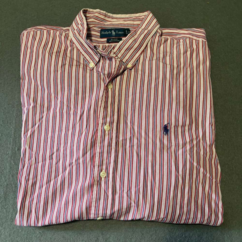 Ralph Lauren Button Down Shirt Mens XXL Red Blue White Striped Blake Cotton Work